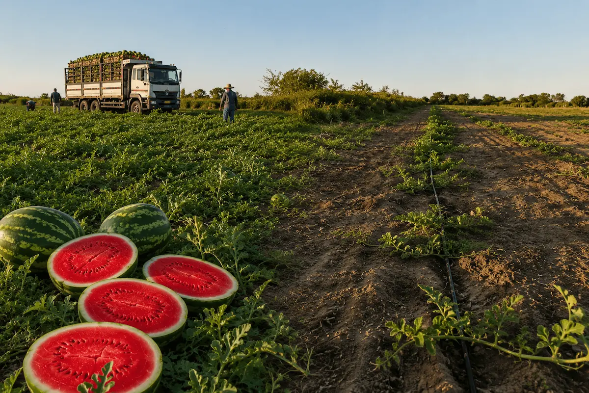 Caminhão carregado de melancia ao lado da lavoura, com melancias abertas em primeiro plano — Fazenda Asystem